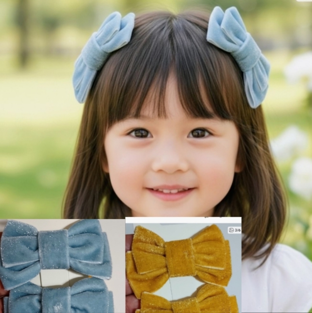 Handmade Sets Velvet Hair Bow  for Kids - Sky Blue & Mustard (2 Sets)🎀✨ - Picture 2 of 6